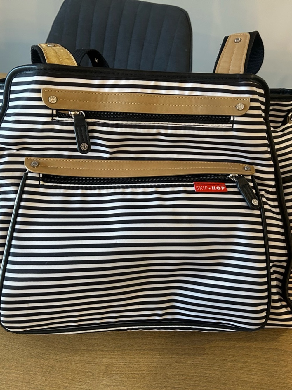 Skip Hop Black & White Striped Diaper Backpack with Tan Accents